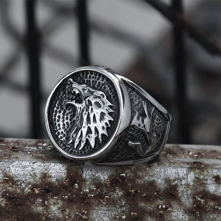 WorldNorse Knurrender Schattenwolf Edelstahlring