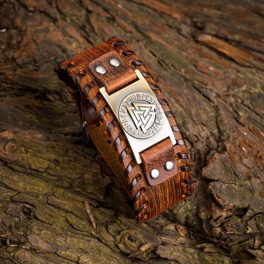 WorldNorse Armmanschette aus echtem Leder mit Schnalle , Valknut Rune, Metallarmband