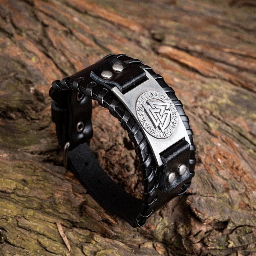 WorldNorse Armmanschette aus echtem Leder mit Schnalle , Valknut Rune, Metallarmband
