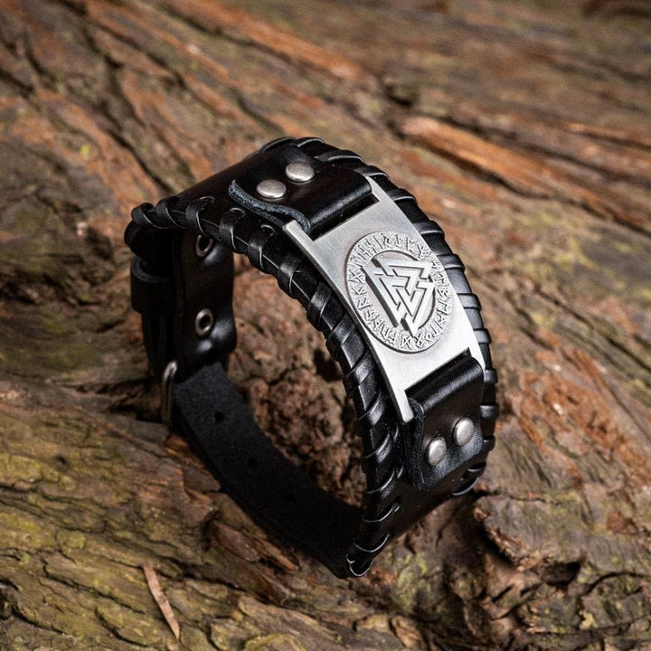 WorldNorse Armmanschette aus echtem Leder mit Schnalle , Valknut Rune, Metallarmband