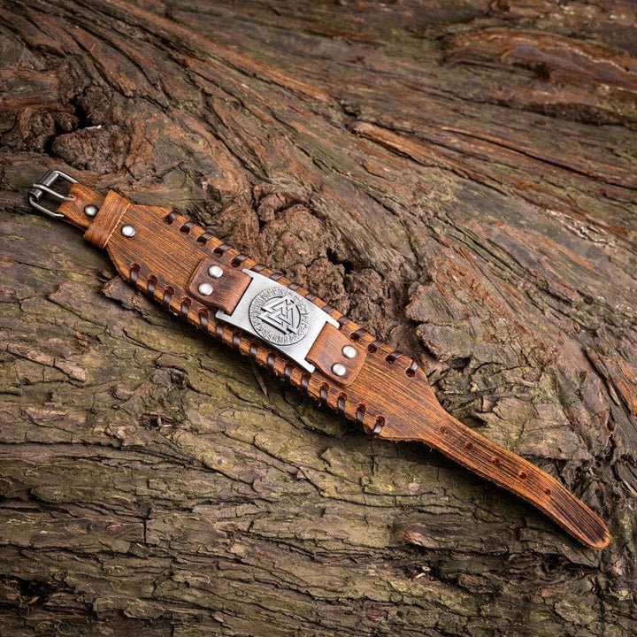 WorldNorse Armmanschette aus echtem Leder mit Schnalle , Valknut Rune, Metallarmband