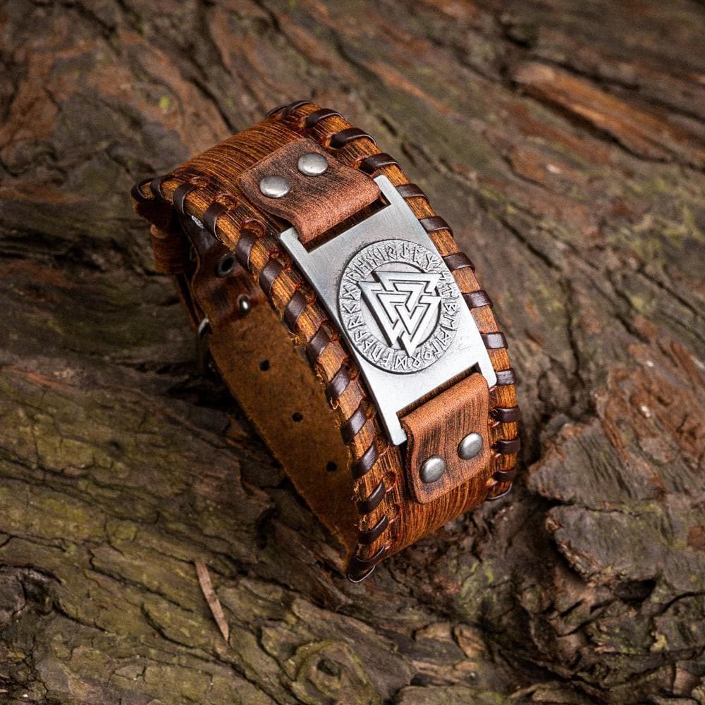 WorldNorse Armmanschette aus echtem Leder mit Schnalle , Valknut Rune, Metallarmband