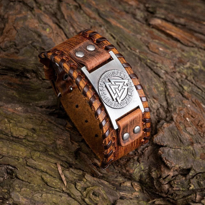 WorldNorse Armmanschette aus echtem Leder mit Schnalle , Valknut Rune, Metallarmband