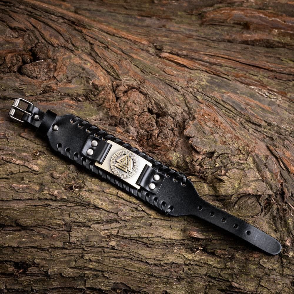 WorldNorse Armmanschette aus echtem Leder mit Schnalle , Valknut Rune, Metallarmband