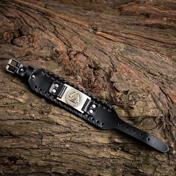 WorldNorse Armmanschette aus echtem Leder mit Schnalle , Valknut Rune, Metallarmband