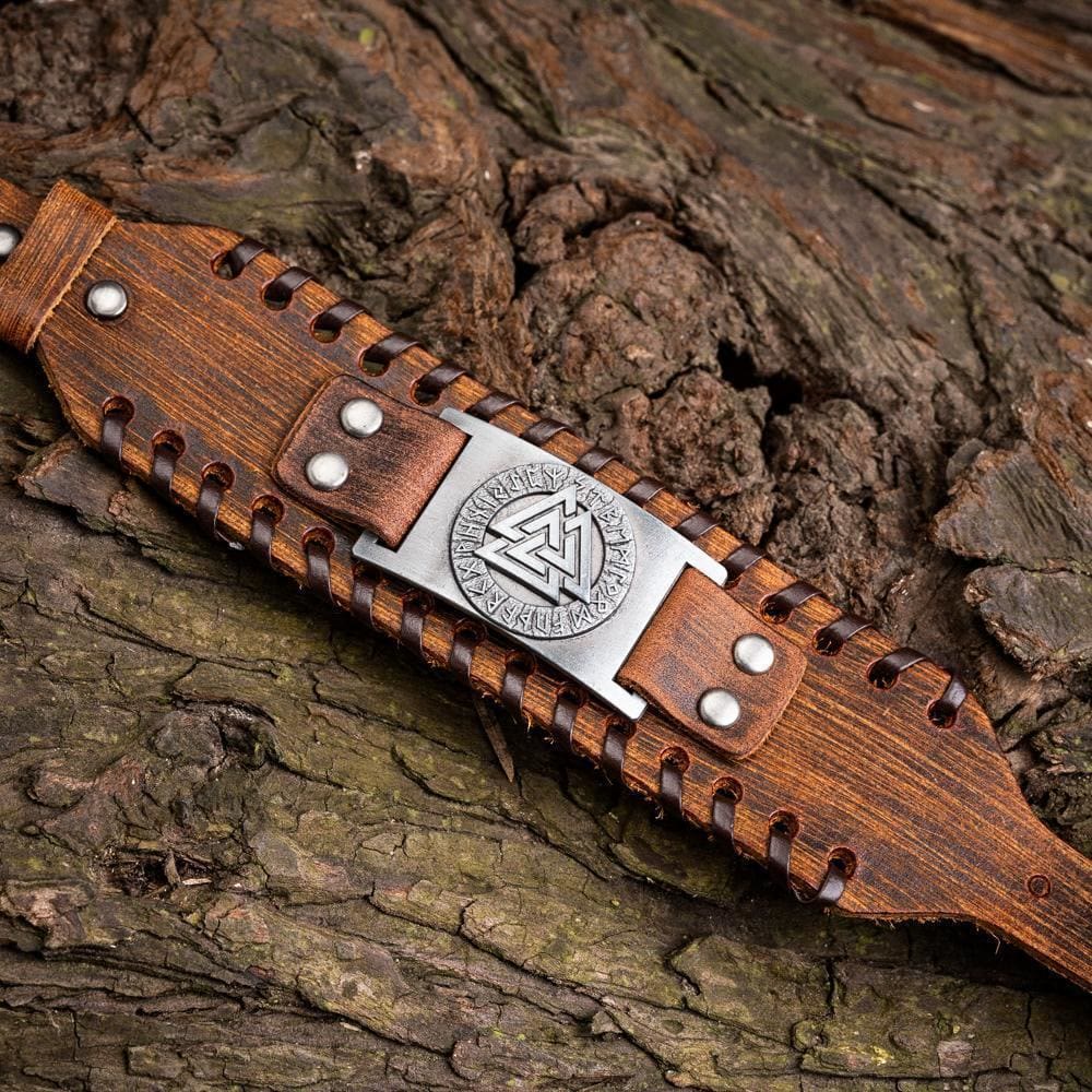 WorldNorse Armmanschette aus echtem Leder mit Schnalle , Valknut Rune, Metallarmband