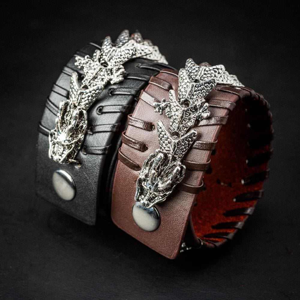 WorldNorse Lederarmband mit Drachen-Armreif, Jormungandr -Metalldesign