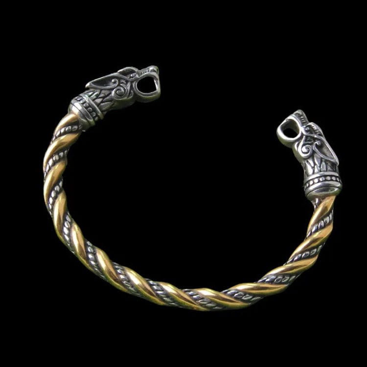 WorldNorse Viking Zweifarbiges Fenrir-Wolfskopf-Armband - Silber & Gold - image 5
