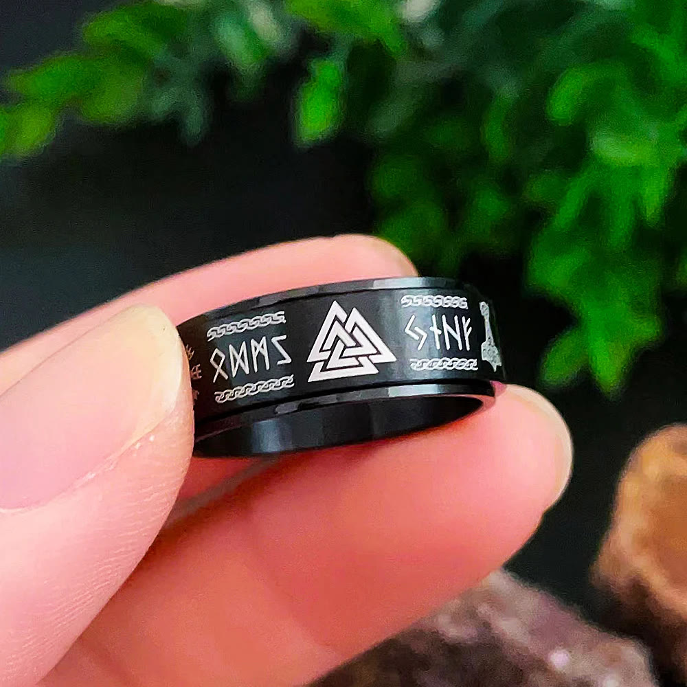 WorldNorse Viking Symbol Valknut Mjölnir Rune Triquetra Drehbarer Ring