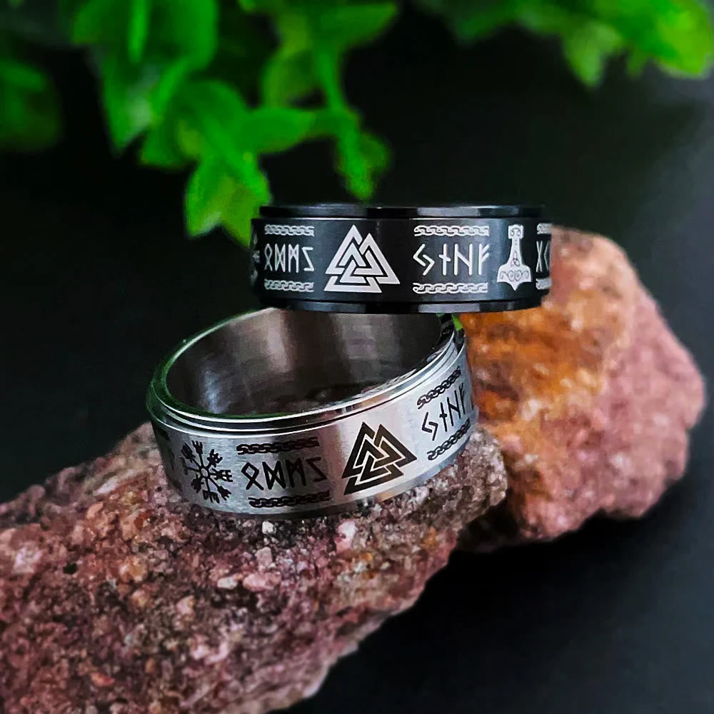 WorldNorse Viking Symbol Valknut Mjölnir Rune Triquetra Drehbarer Ring