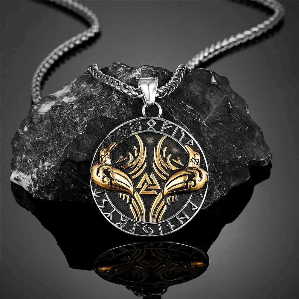 WorldNorse Odin Krähe Raven Rune um Valknut Halskette