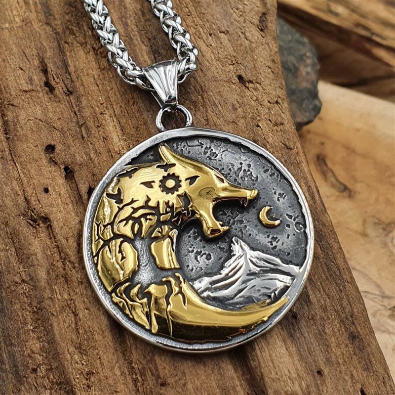 WorldNorse Wolf mit Mondnacht- Rune Amulett-Halskette