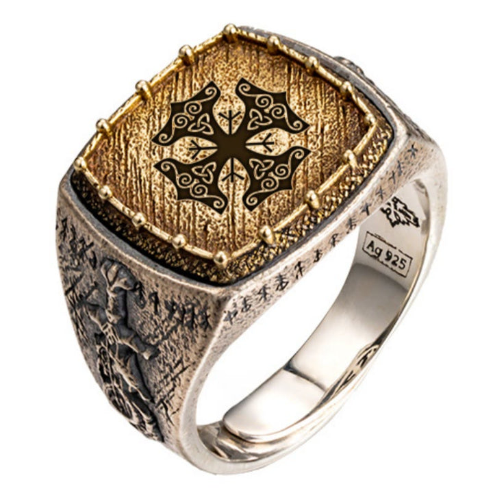 WorldNorse Ring aus 925er Sterlingsilber mit Valknut und Wikingersymbolen
