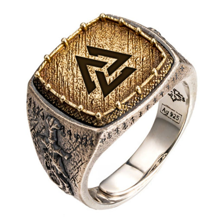WorldNorse Ring aus 925er Sterlingsilber mit Valknut und Wikingersymbolen