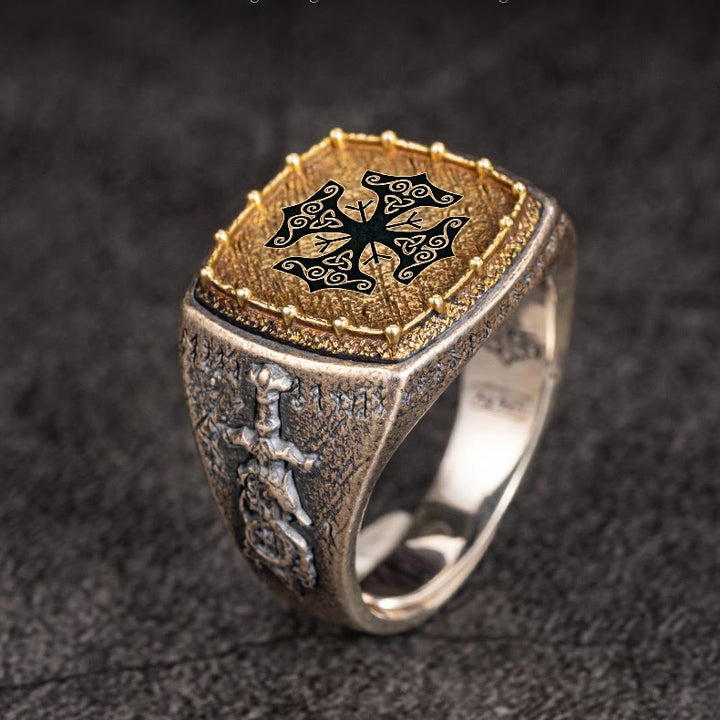 WorldNorse Ring aus 925er Sterlingsilber mit Valknut und Wikingersymbolen
