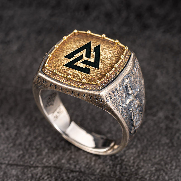 WorldNorse Ring aus 925er Sterlingsilber mit Valknut und Wikingersymbolen