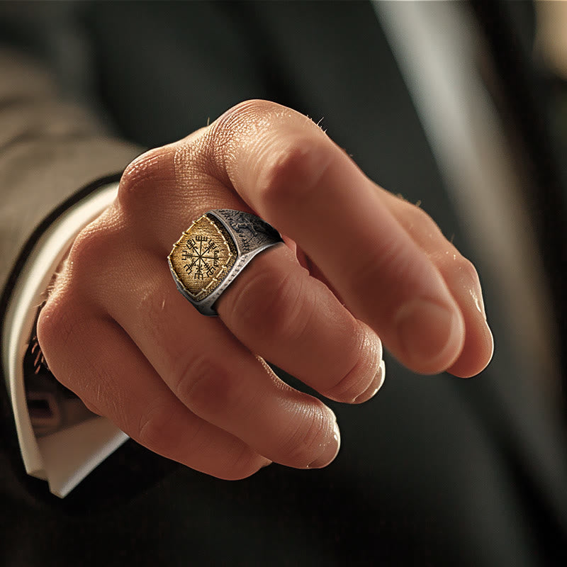 WorldNorse Ring aus 925er Sterlingsilber mit Valknut und Wikingersymbolen