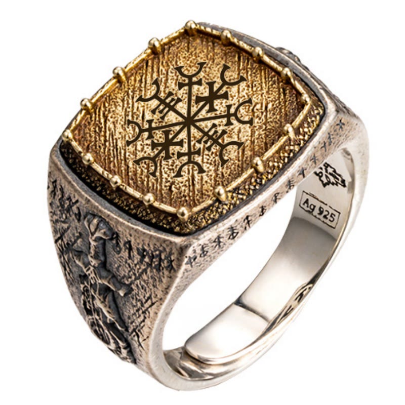 WorldNorse Ring aus 925er Sterlingsilber mit Valknut und Wikingersymbolen