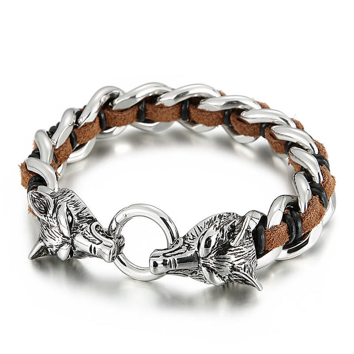 WorldNorse Wolfskopf-verflochtenes Lederkettenarmband
