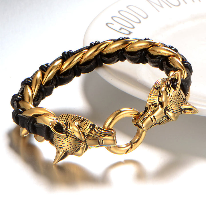 WorldNorse Wolfskopf-verflochtenes Lederkettenarmband