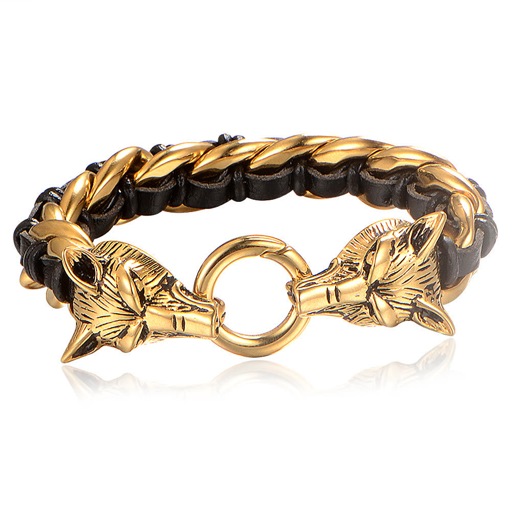 WorldNorse Wolfskopf-verflochtenes Lederkettenarmband