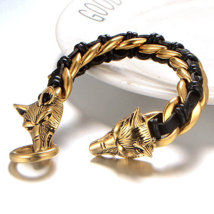 WorldNorse Wolfskopf-verflochtenes Lederkettenarmband