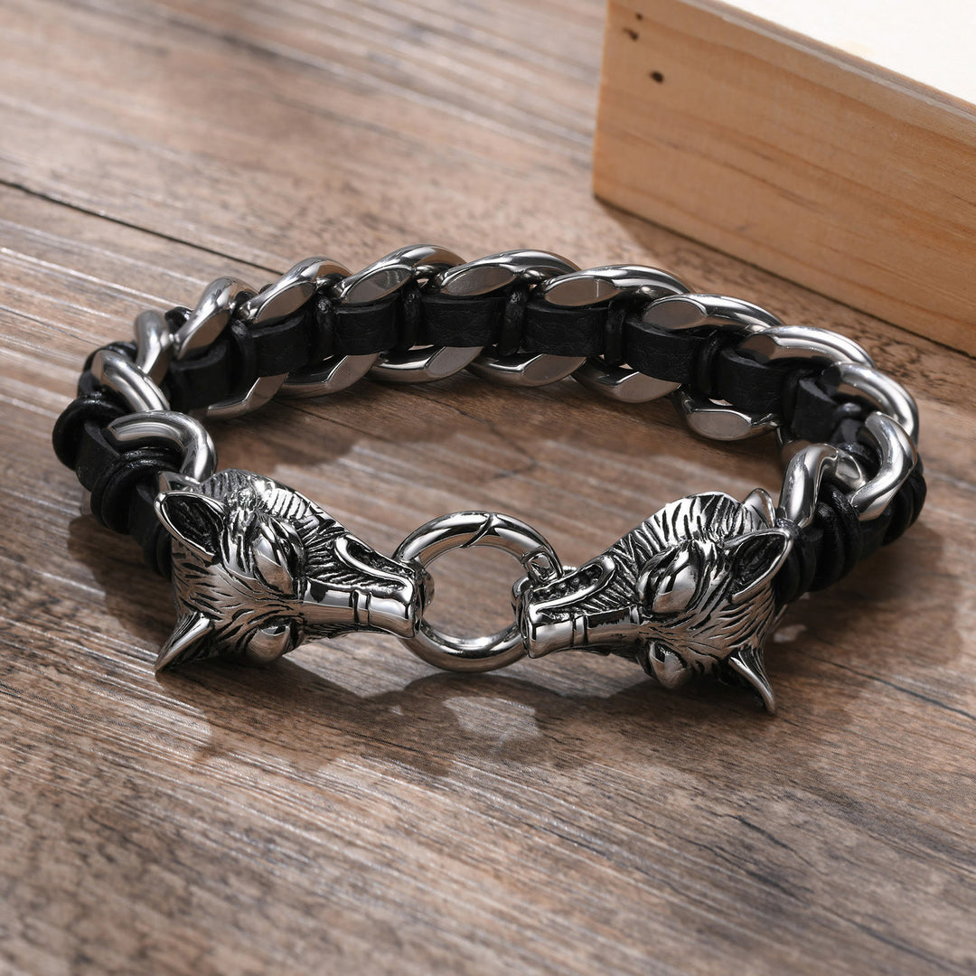 WorldNorse Wolfskopf-verflochtenes Lederkettenarmband