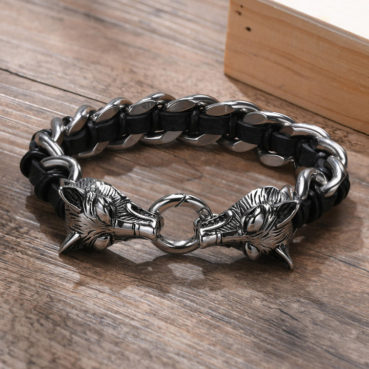 WorldNorse Wolfskopf-verflochtenes Lederkettenarmband