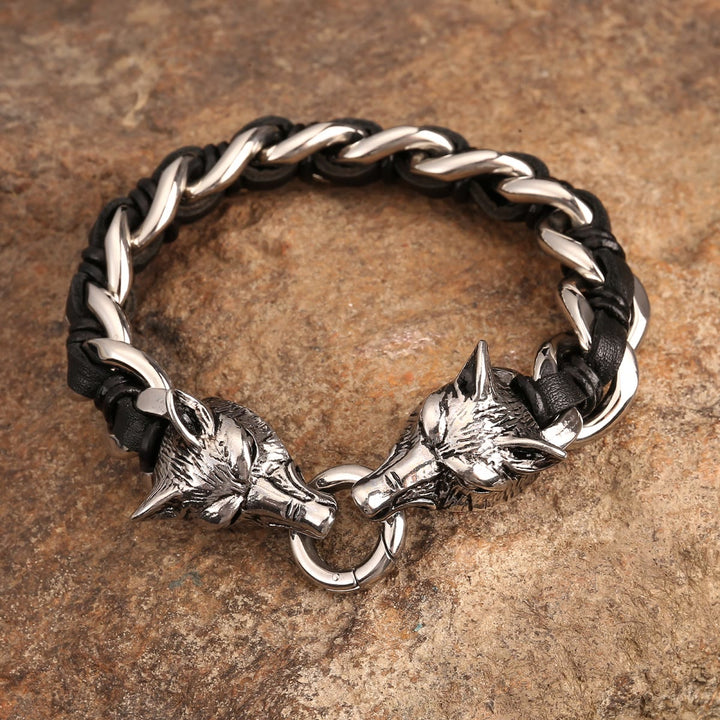 WorldNorse Wolfskopf-verflochtenes Lederkettenarmband