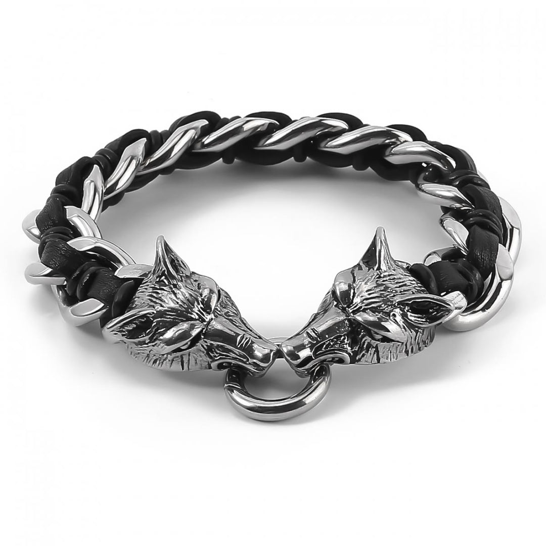 WorldNorse Wolfskopf-verflochtenes Lederkettenarmband