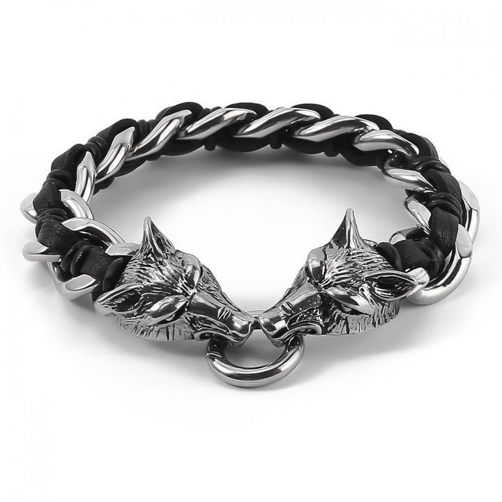 WorldNorse Wolfskopf-verflochtenes Lederkettenarmband