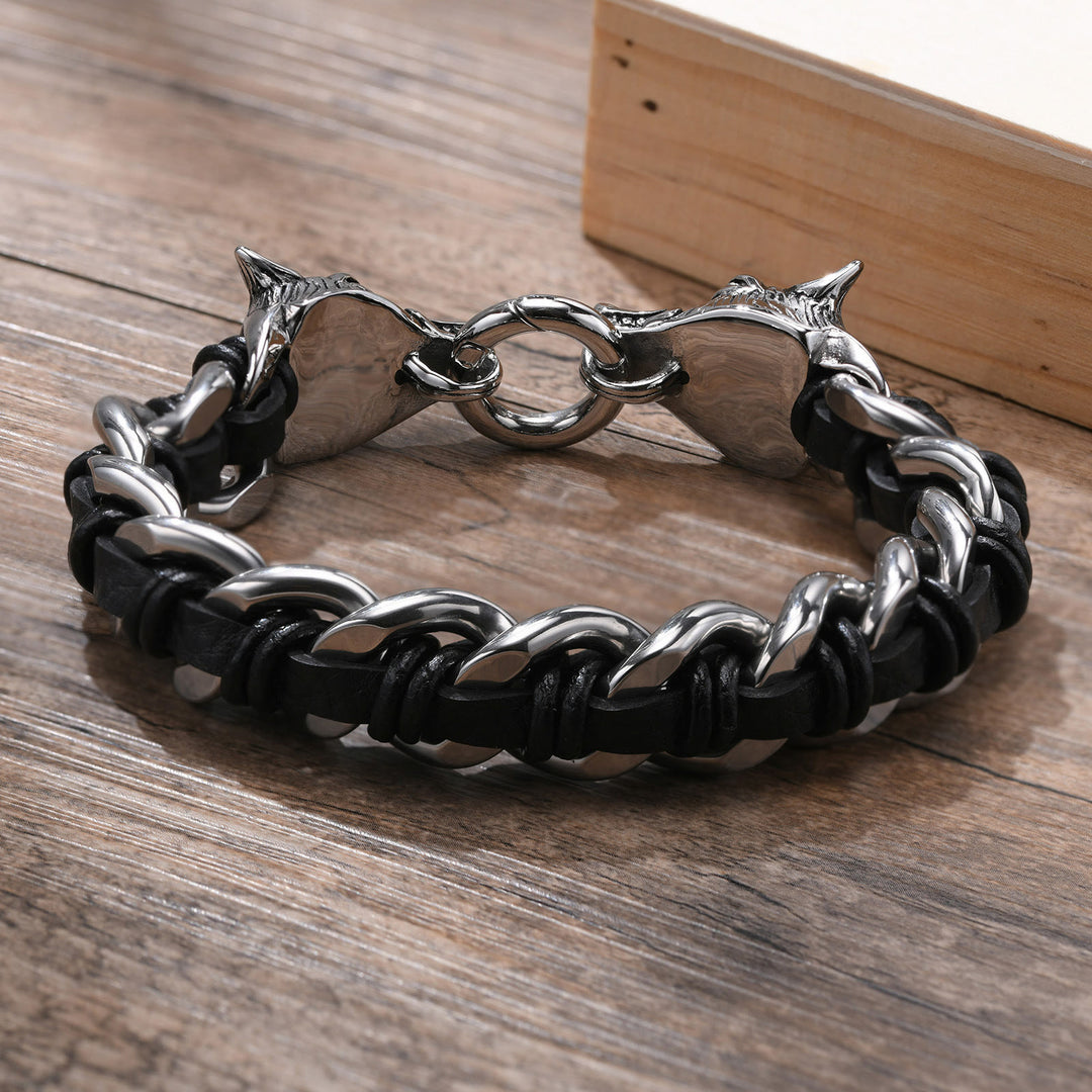 WorldNorse Wolfskopf-verflochtenes Lederkettenarmband