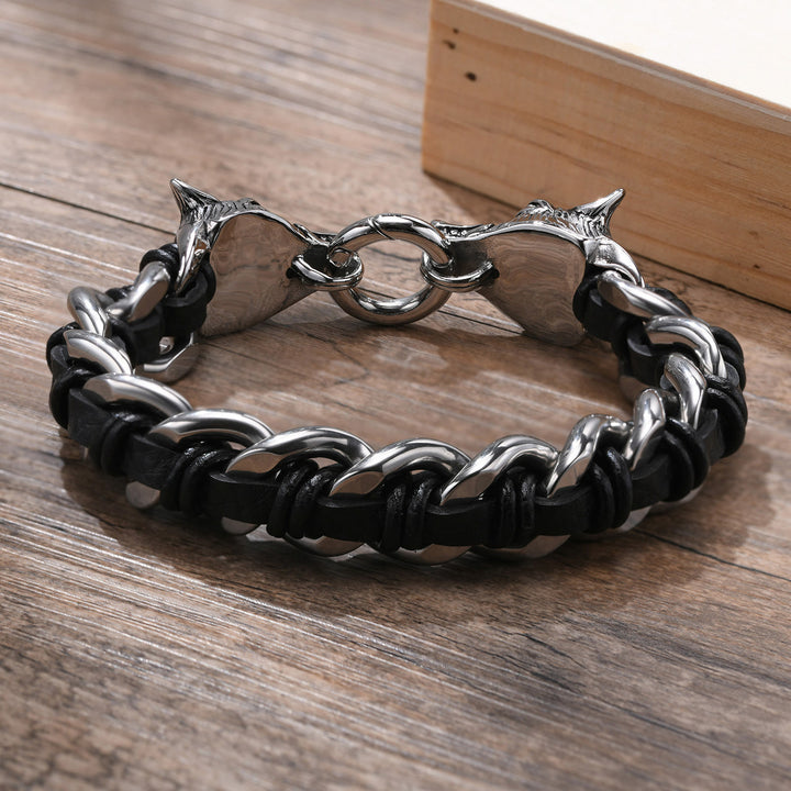 WorldNorse Wolfskopf-verflochtenes Lederkettenarmband
