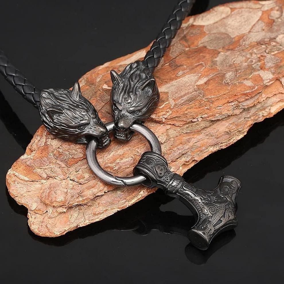 WorldNordische Wikinger-Halskette mit Wolf und Lederseil , Mjölnir