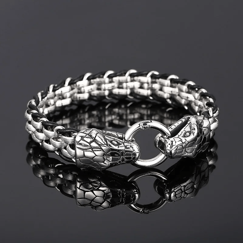 WorldNorse Geflochtenes Lederarmband mit Schlangenkopfschnalle