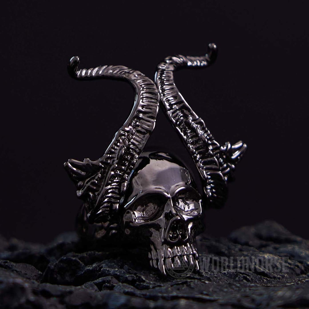 WorldNorse Devil Horns Schwarzer Totenkopfring