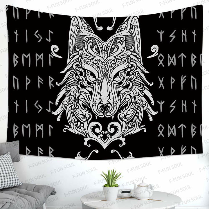 Weltnordischer Yggdrasil Wölfe- Rune -Wandteppich