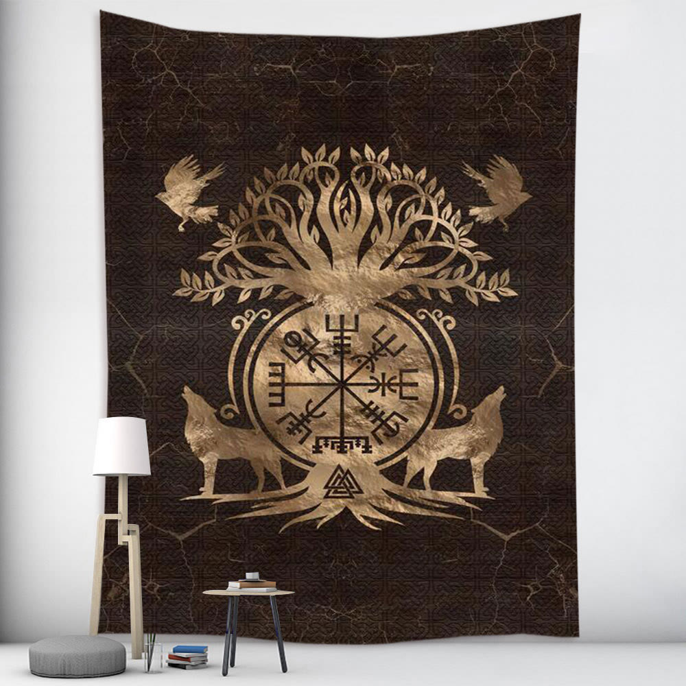 Weltnordischer Yggdrasil Wölfe- Rune -Wandteppich