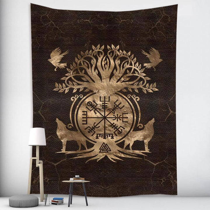 Weltnordischer Yggdrasil Wölfe- Rune -Wandteppich