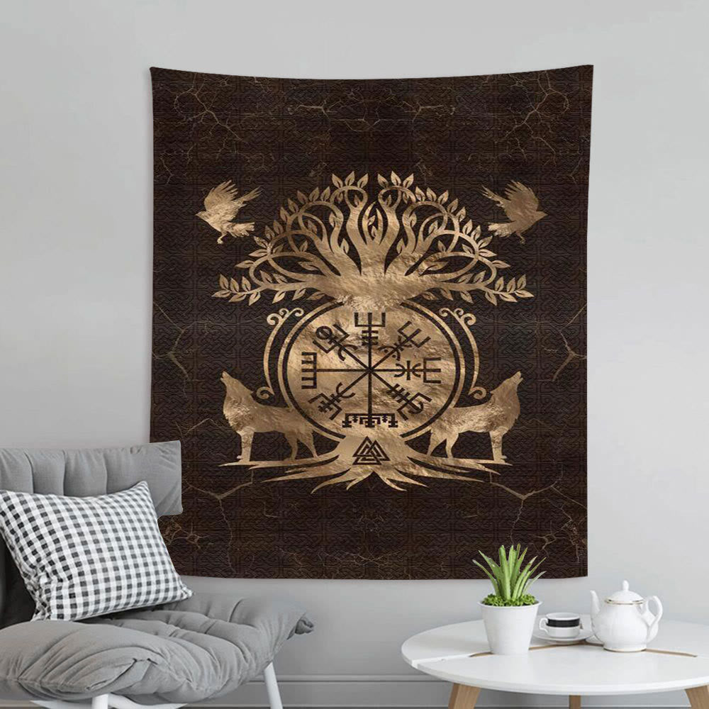 Weltnordischer Yggdrasil Wölfe- Rune -Wandteppich