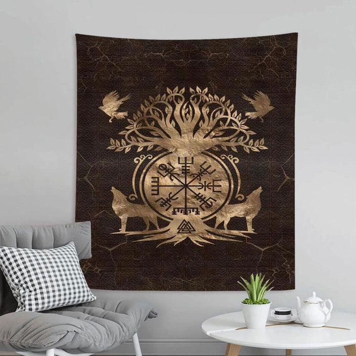Weltnordischer Yggdrasil Wölfe- Rune -Wandteppich