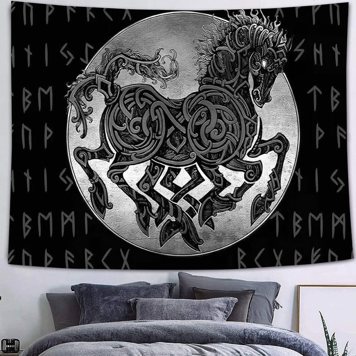 Weltnordischer Yggdrasil Wölfe- Rune -Wandteppich