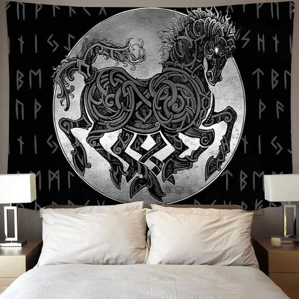 Weltnordischer Yggdrasil Wölfe- Rune -Wandteppich