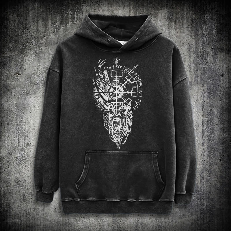 WorldNorse Wikinger-Kapuzenpullover „Old Man Vegvisir“ gewaschen - Schwarz - 3XL - image 1