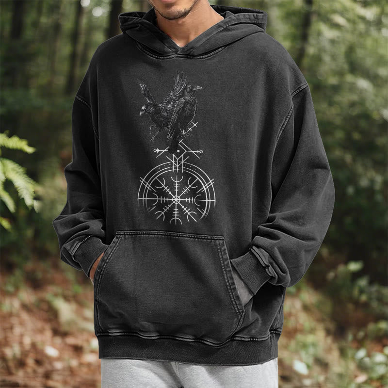WorldNorse Gothic Raven Vegvisir Print verwaschener Kapuzenpullover - image 7