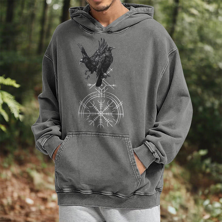WorldNorse Gothic Raven Vegvisir Print verwaschener Kapuzenpullover - image 17