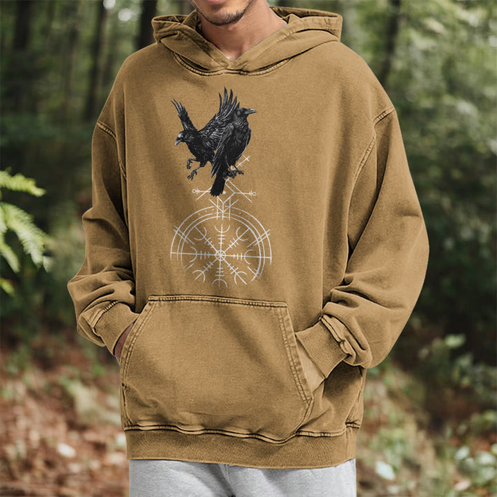 WorldNorse Gothic Raven Vegvisir Print verwaschener Kapuzenpullover - image 31