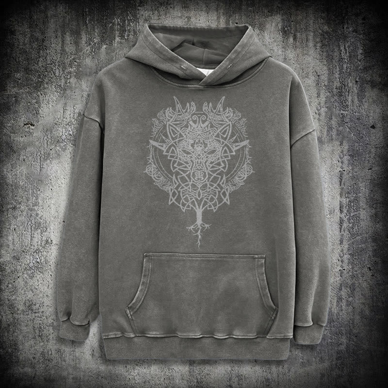 WorldNorse Fenrir Wolf Baum des Lebens gewaschen Hoodie - Grau - 3XL - image 13