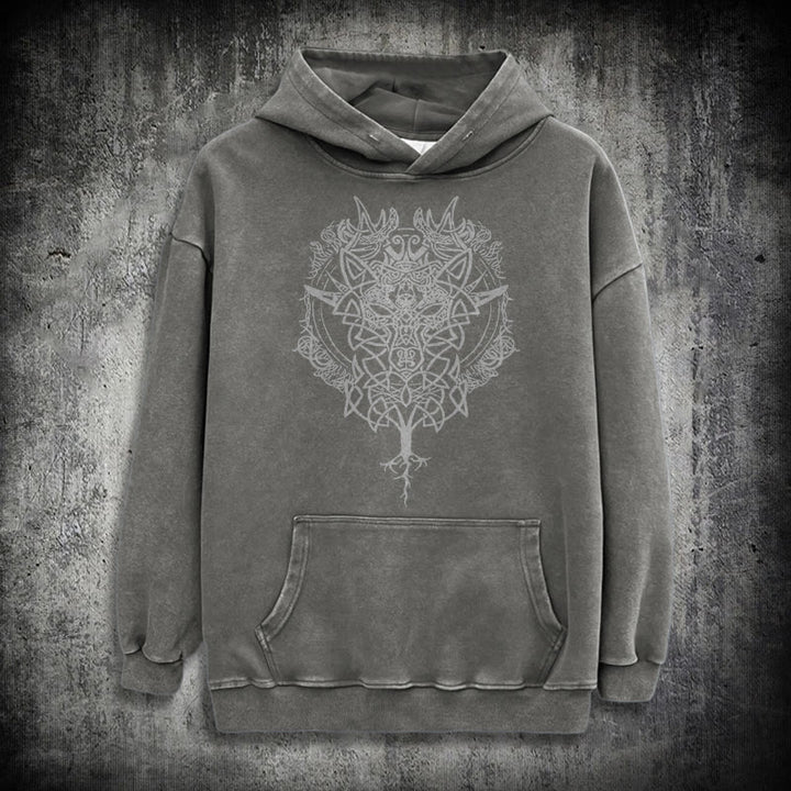 WorldNorse Fenrir Wolf Baum des Lebens gewaschen Hoodie - Grau - 3XL - image 13