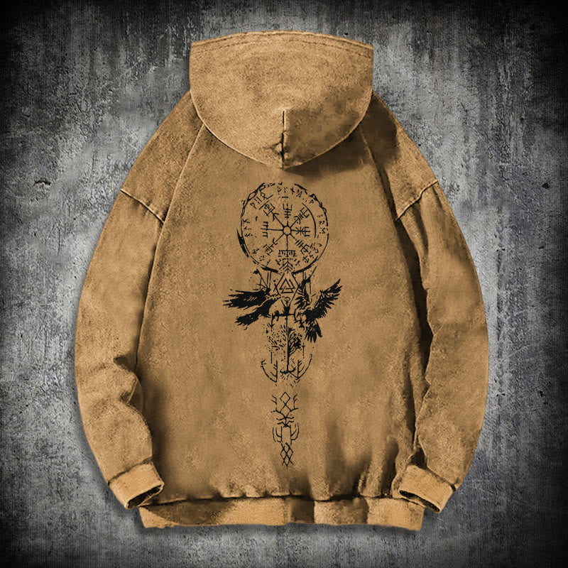 WorldNorse Valknut Raven Kapuzenpullover mit Rückenaufdruck, verwaschen - Khaki - 3XL - image 27